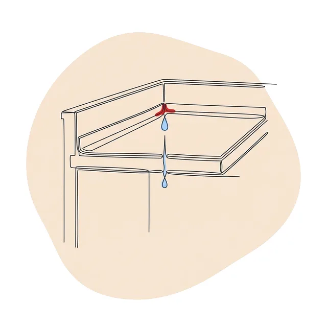 Coupe d’un toit-terrasse où une goutte d’eau traverse l’étanchéité vers le logement du dessous