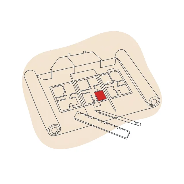 Plans d’un ensemble de trois maisons accolées déroulés sur une table, une règle et un crayon posés dessus