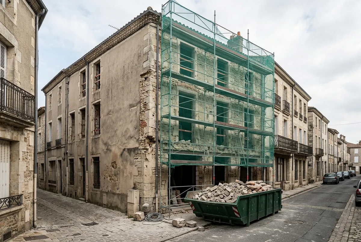 Petit immeuble ancien de centre-ville sous échafaudage pendant une rénovation lourde