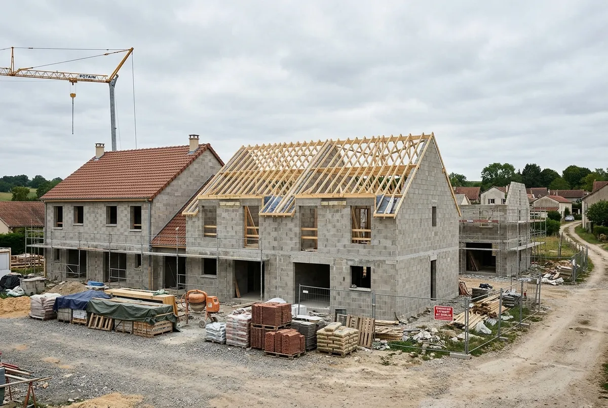 Petit programme de quatre maisons accolées en construction, charpentes posées